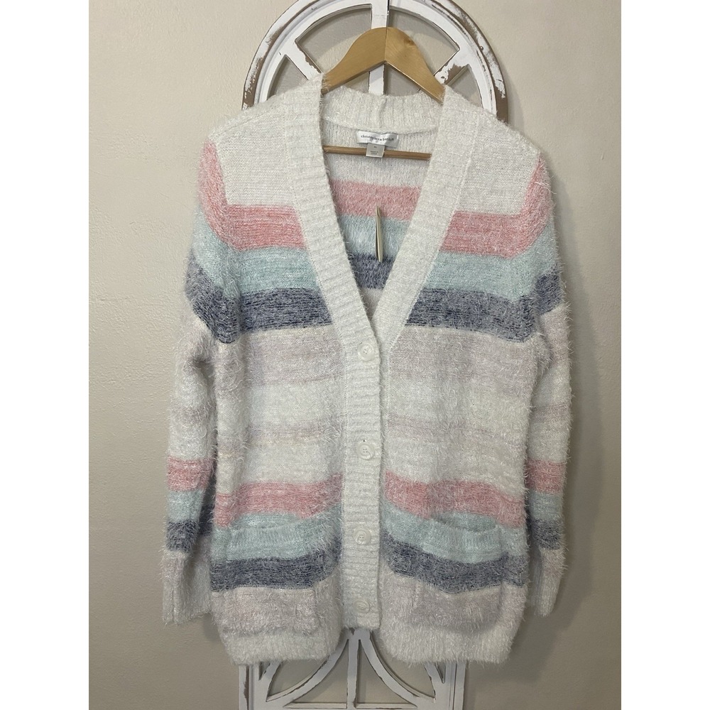 Christopher & Banks XLARGE Stripe Eyelash Soft Cozy Button up cardigan pockets